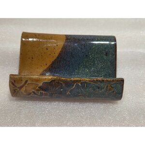 Studio Pottery Business Card Holder Cell Phone Stand Blue Tan Leaves Speckled